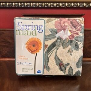 Vintage Springmaid Queen Flat Sheet Floral Louise NC Green NIP 180 TC USA
